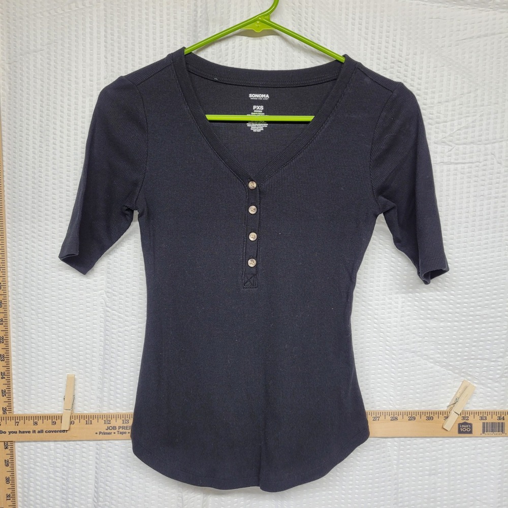 Sonoma Goods For Life Navy Blue Ribbed Henley Top Petite XS PXS